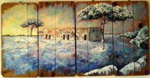 Nevicata sulle pajare, 60x120cm, olio su antico legno