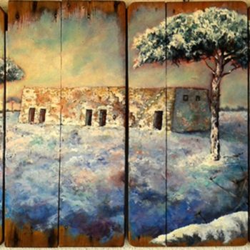 Nevicata sulle pajare, 60x120cm, olio su antico legno