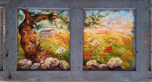 Il tuo cielo la tua terra l'infinito dentro di me-63x115cm, olio su antica imposta